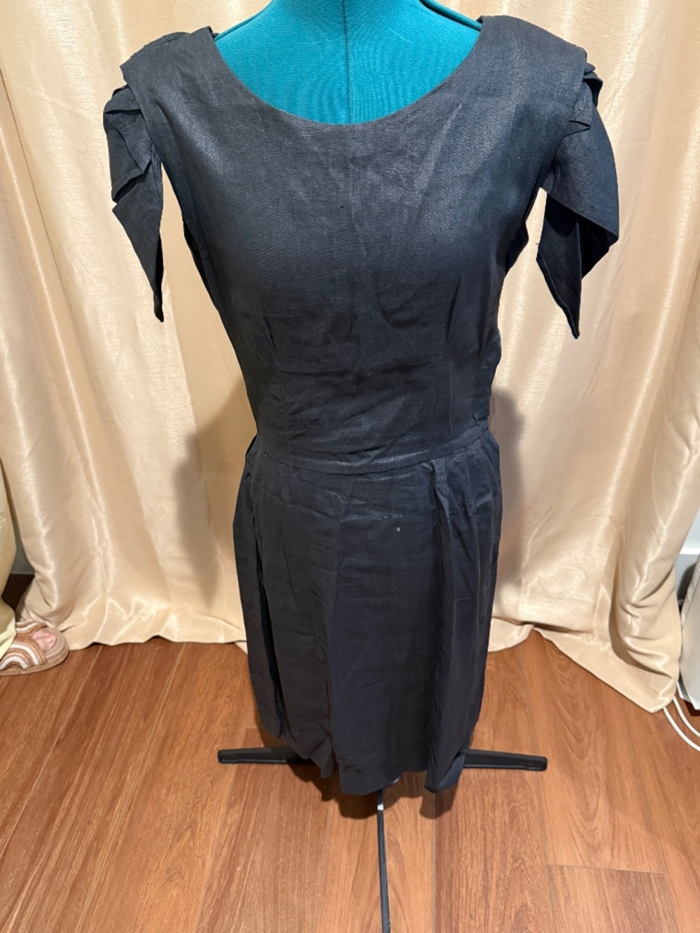 Black Custom Midi Dress | Cowl Back & Sculptural Sleeve | Fits Size 8/10